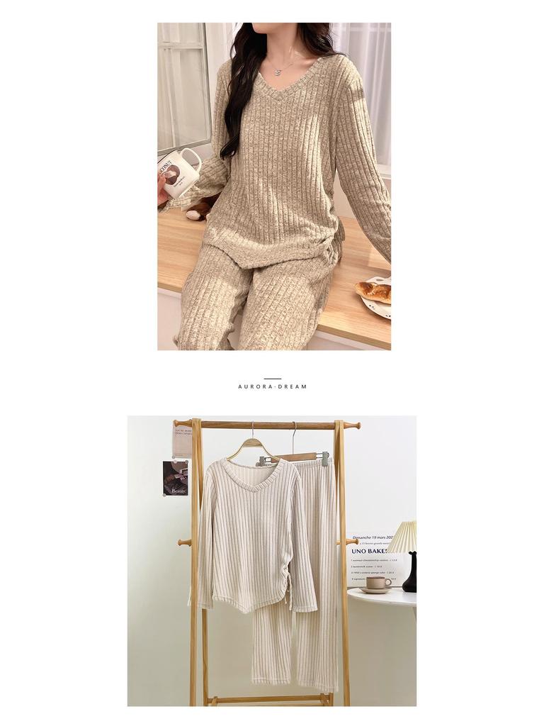 2025 Korean Women's Pajamas with Bra Pads: Knitted Long Sleeve & Pants, Plus Size, for Spring, Autumn, Winter