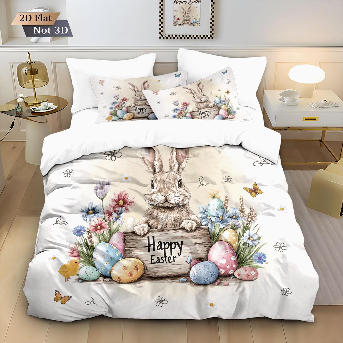

3-pcs Easter bunny print duvet cover set, multi size bedding decoration, soft and machine washable 135x200cm