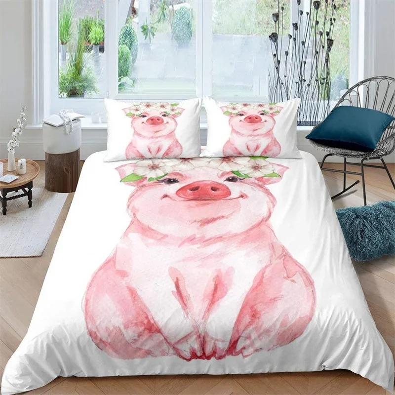 Farm Animal Duvet Cover Kawaii Pig Bedding Set Polyester Pigs Floral Comforter Cover Twin King For Teen Boy Girl Gift Room Decor