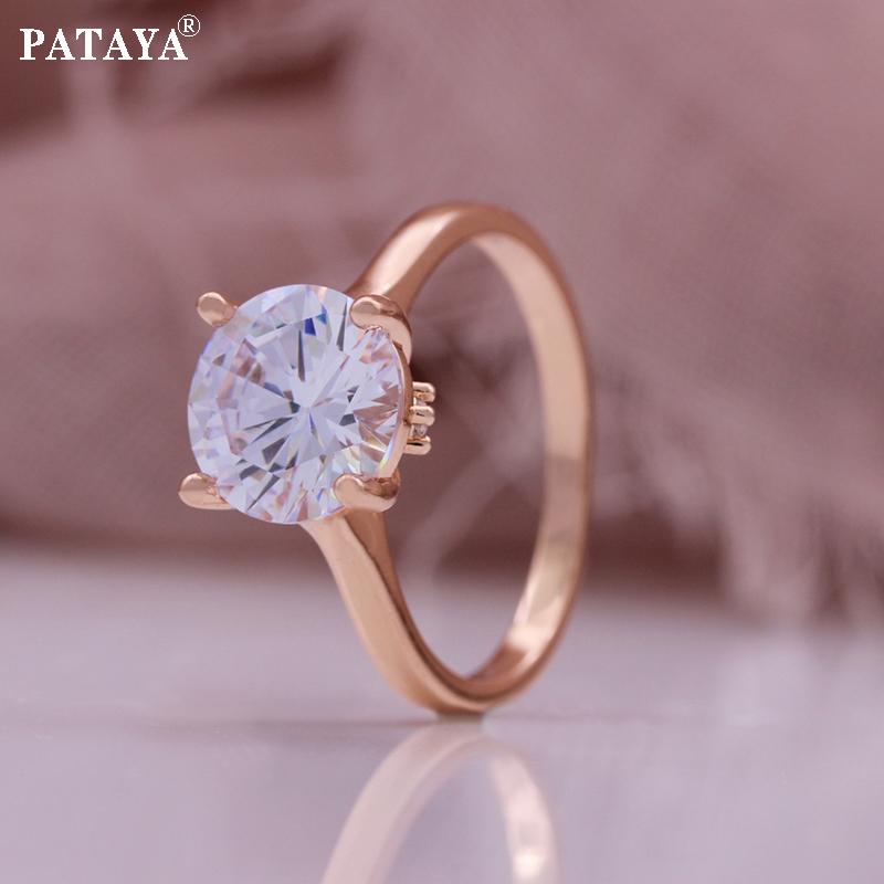 PATAYA Rose Gold Color Inlaid White 9mm Artificial Zircon Women's Ring