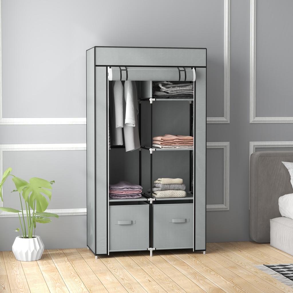 Wardrobe Fabric Wardrobe 1 Clothes Rail, 2 Drawers, 83 x 42.5 x 162.5 cm, Grey