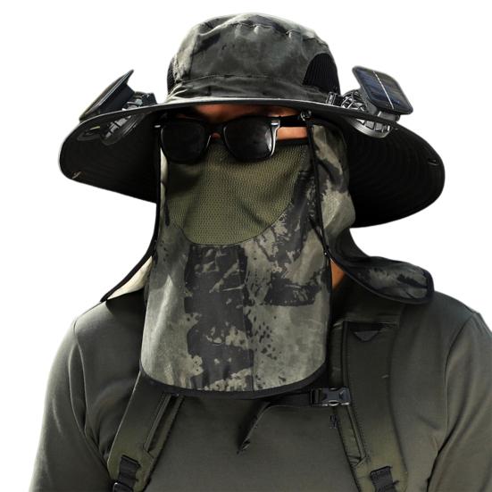 Solar Fan Fisherman Hat USB Charging Sunscreen Sun Hat with Dual Fans All-Round Sun Protection Outdoor Adventure Hat with Shawl Face Guard