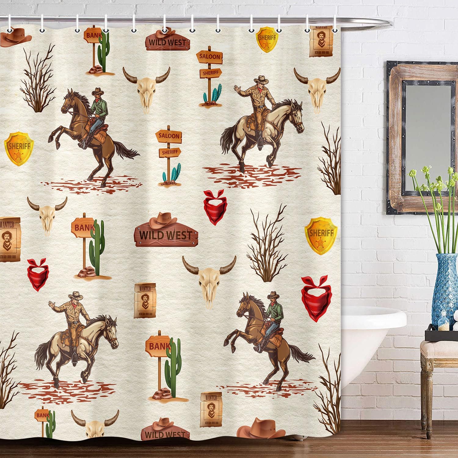 

Western Cowboy Shower Curtain,Farmhouse Country Bathroom Decor,Desert Cactus Wild West Cowboy Ride Horse Shower Curtain Set W60H190(CM)-1 Pcs