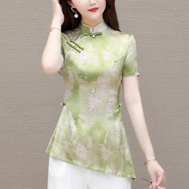 Shirt Improved Cheongsam Temperament Top Women's Summer Short-sleeved Retro Stand-up Collar Button-down Shirt
