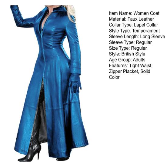 Kadın Suni Deri Uzun Ceket Standı Yaka Fermuar Pat Cyberpunk Ceket Sıkı Bel Bölünmüş Hem Rahat Gevşek Düz Renk Ceket