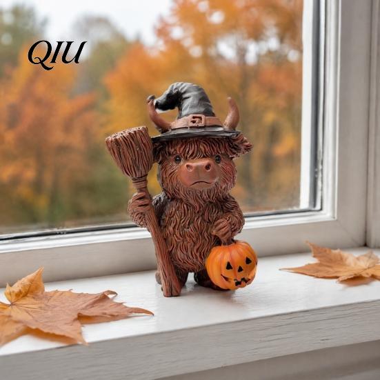 Weather Resistant Courtyard Ornaments Halloween Highland Cow Figurine, Wizard Broom & Bat Wing Pumpkin Durable Resin Crafts for Holiday Ornament,