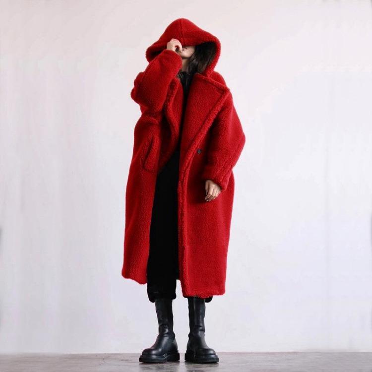 Women s Long Plush Warm Faux Fur Hooded Teddy Jacket Coat Plus Size Overcoat Outerwears S красный