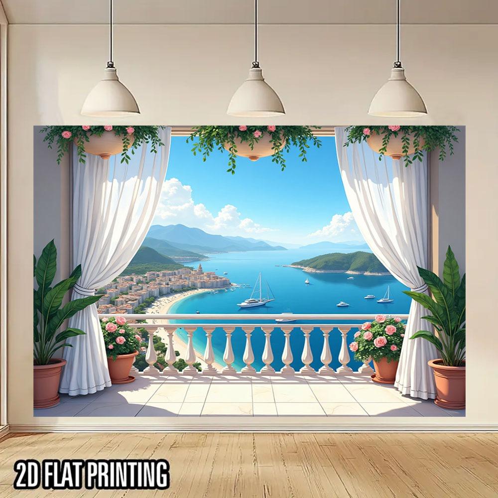 2D flat banner 1 large Mediterranean coast landscape balcony mural banner suitable for indoor/outdoor parties
