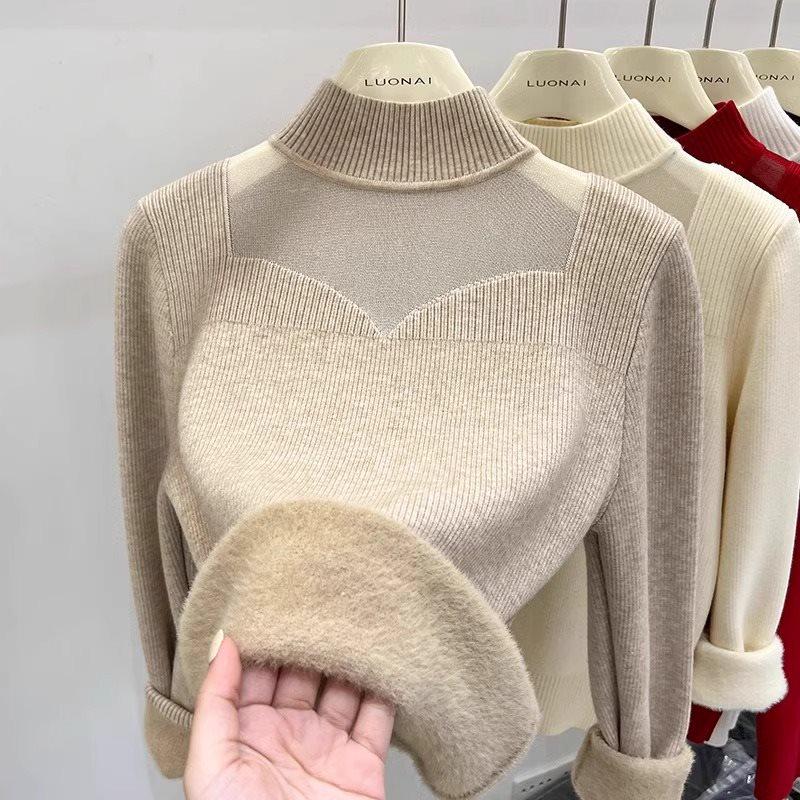 Women's Fleece-Lined Sweater: Thickened Winter Top with Mesh Design and Semi-High Collar for Autumn and Winter.