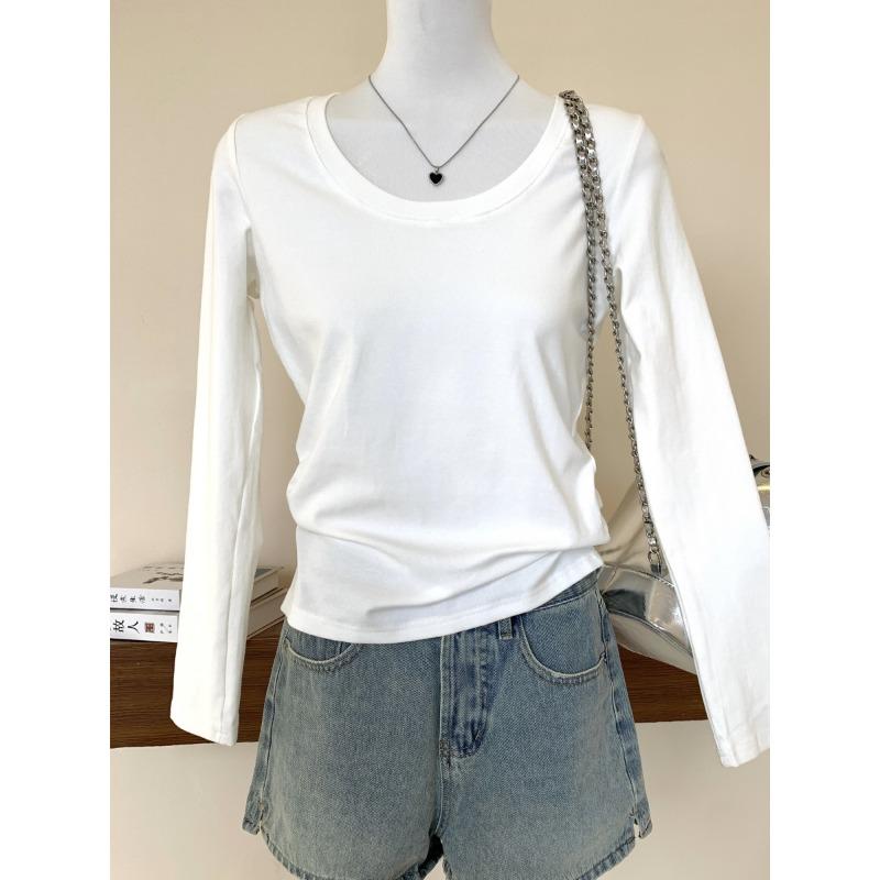 Simple U-neck front shoulder bottoming shirt women's white T-shirt spring slim-fitting and thin long-sleeved top with pure desire