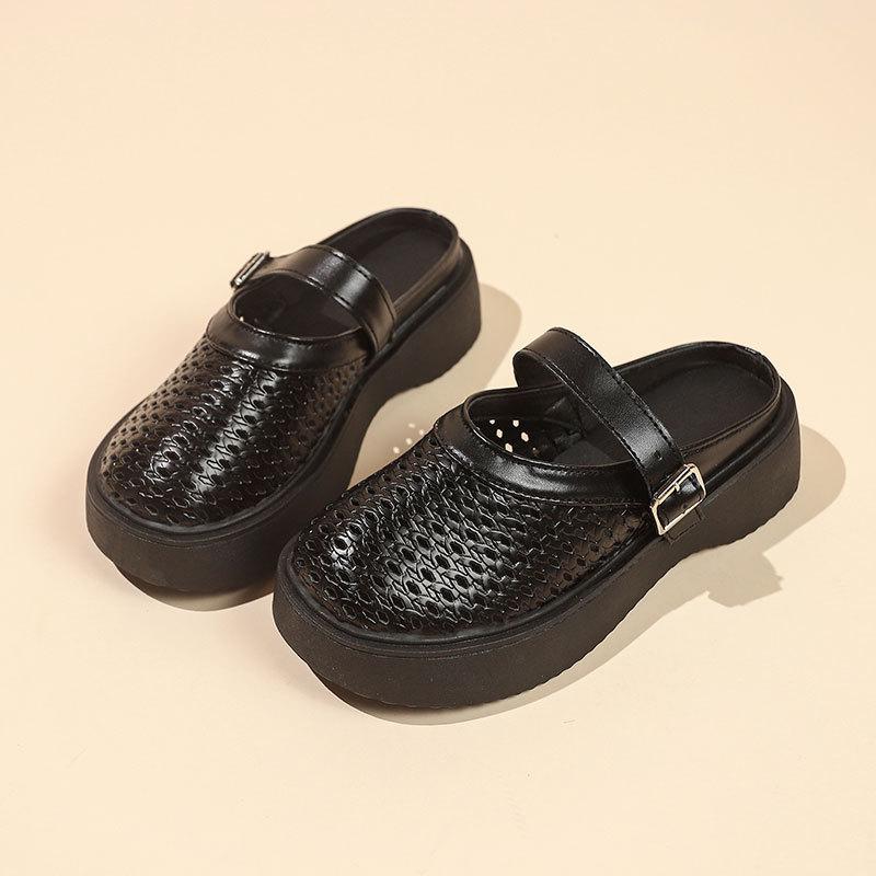 Thick bottom woven hollow breathable bag head half slippers women's 2025 new summer out advanced feeling one pedal sandals