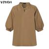 VONDA Women's Summer Standing Collar Bubble Short Sleeve Tie Button Solid Colour Loose Blouse