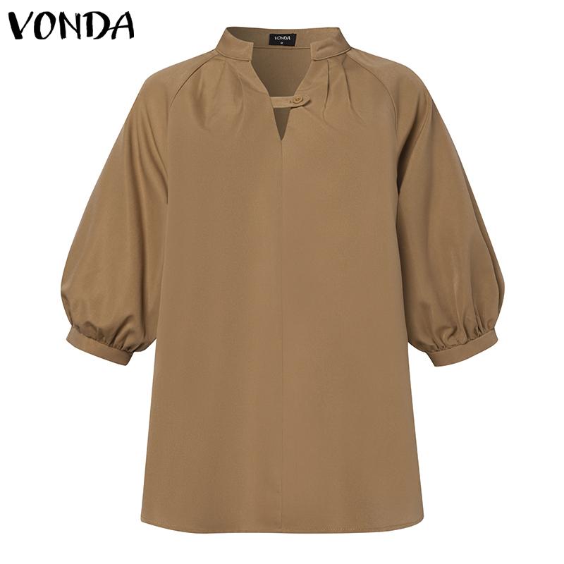 VONDA Women's Summer Standing Collar Bubble Short Sleeve Tie Button Solid Colour Loose Blouse