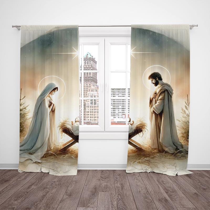 Jesus - Nativity -2pcs- Printed Curtains,100% Polyester Material, Suitable for Home Decoration