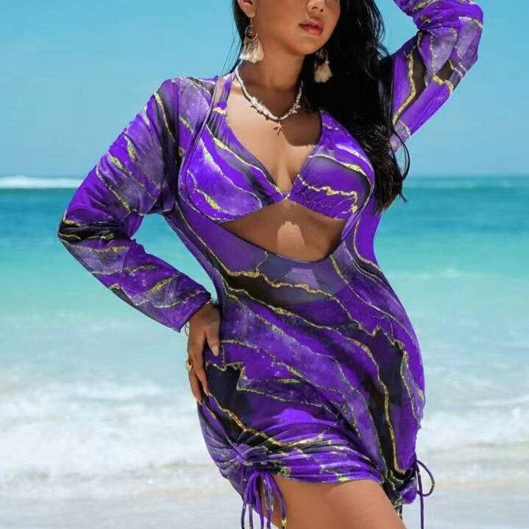 2026 New Plus Size Printed Women Bikini Three Piece Split Swimwear Casual Beach Bathing Suit for Adult Ladies