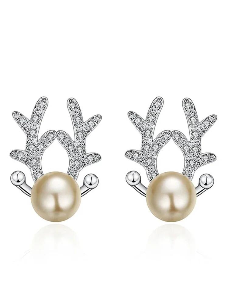 

2026 Exquisite Antler Earrings with Round Imitation Pearl Women for Christmas Temperament Sweet Female Trendy Zircon
