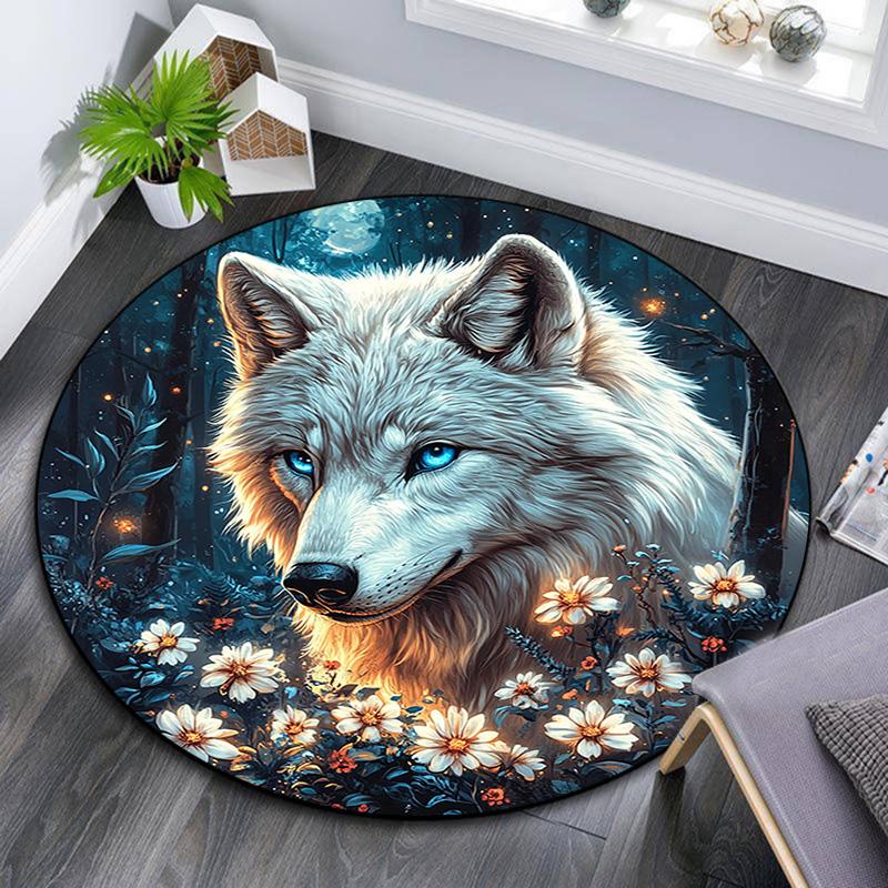 Wolf in Moonlit Round Area Rug,Carpet Rug for Living Room Bedroom Sofa Playroom Decor,Non-slip Floor Mat