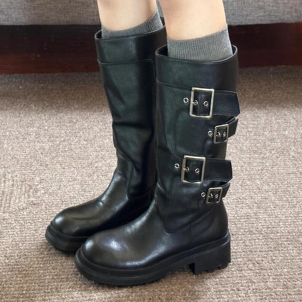 Cowhide version~ Showing legs, thin belt buckle, thick-soled medium tube knight boots for women's 2025 autumn new cool and handsome thick-heeled loc