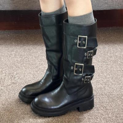 Cowhide Version~ Showing Legs, Thin Belt Buckle, Thick-soled Medium Tube Knight Boots for Women's 2025 Autumn New Cool and Handsome Thick-heeled