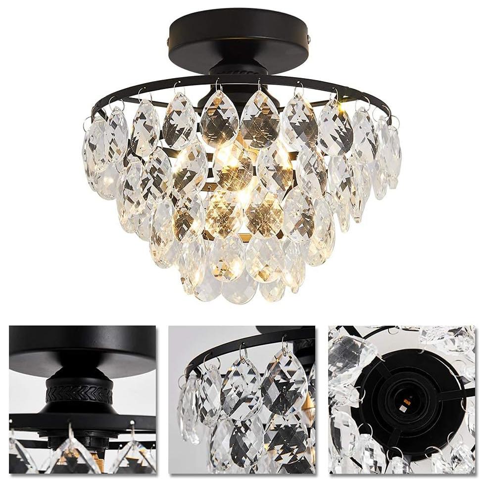 Nowoczesna Mała Kryształowa Lampa Sufitowa Mini Czarny Pół-Wpuszczany Żyrandol Lampa do Przedpokoju Sypialni Łazienki Garderoby e27