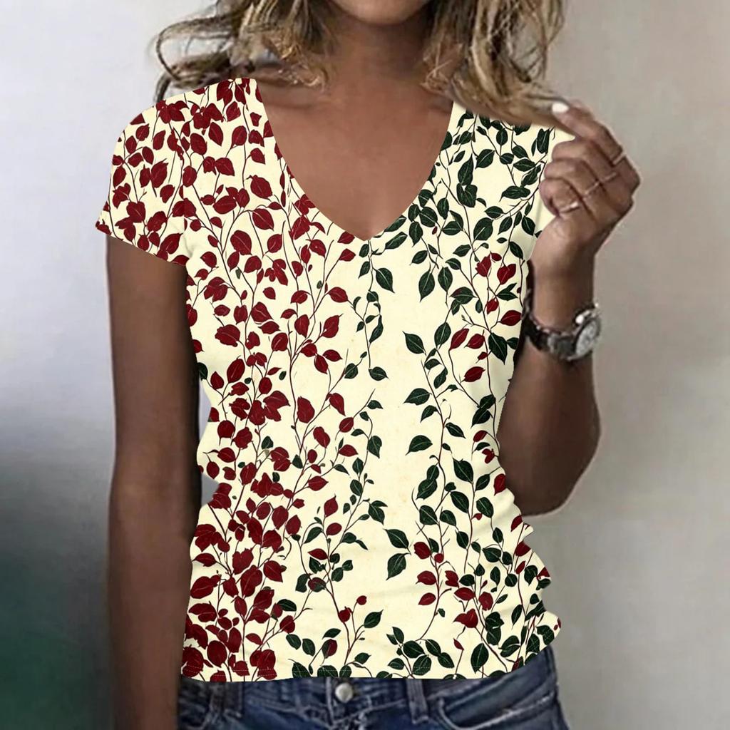 Women’s Casual V Neck Short Sleeve Floral Print T Shirt Top Lightweight Loose Fit Comfortable Style for Everyday Wear