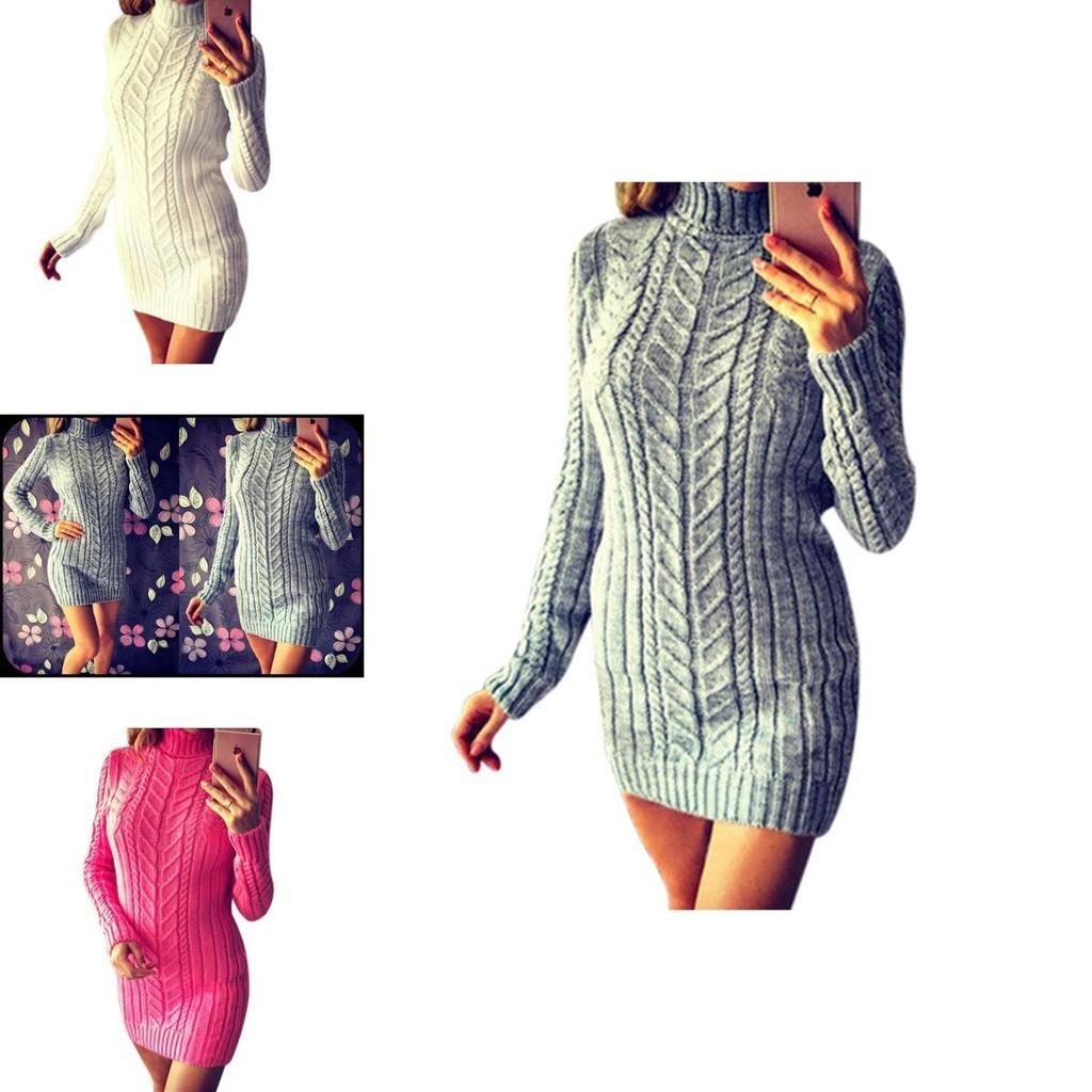 Vestito Sexy Autunnale e Invernale in Maglia Vestibilità Aderente e Collo Alto Design a Treccia
