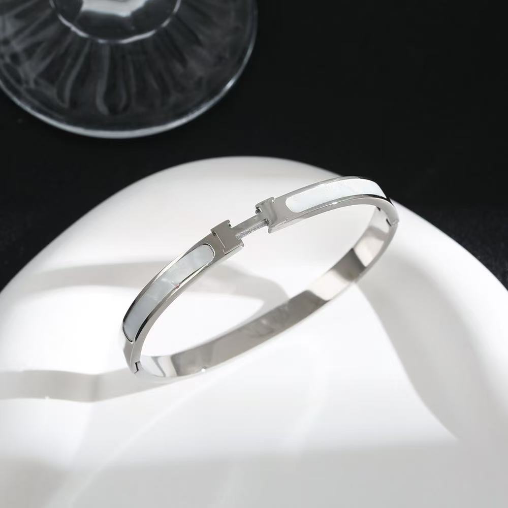18K Gold Plated Stainless Steel H-Bangle with Mother of Pearl - Classic Design Bracelet for Women