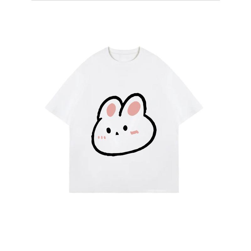 Cute Rabbit Print Oversized T-Shirt White Cartoon Bunny Face Design For Casual Wear And Everyday Outfits