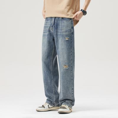 New Spring and Summer Loose Wide-leg Pants Straight High Street Retro Ripped Jeans Men