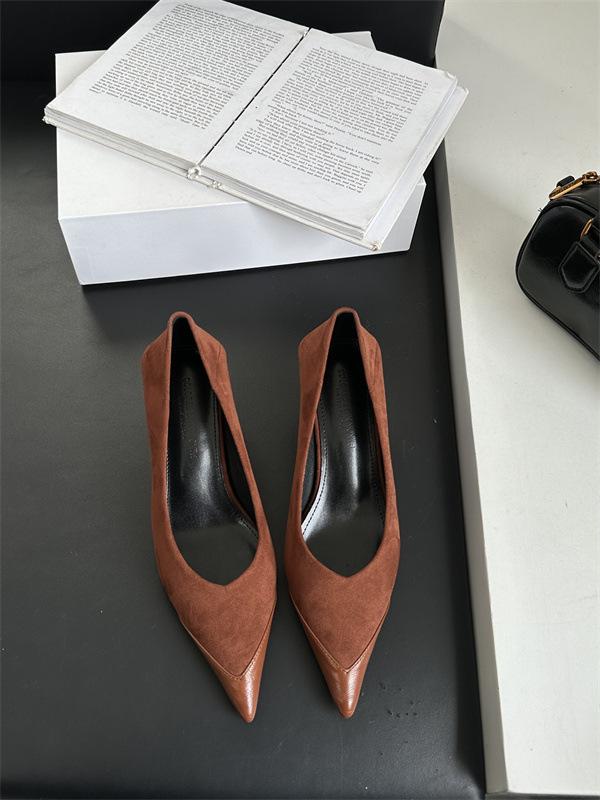 2025 Spring and Summer New Korean Version Fashion Temperament Suede Splicing High Heels Pointed High Heels Single Shoes