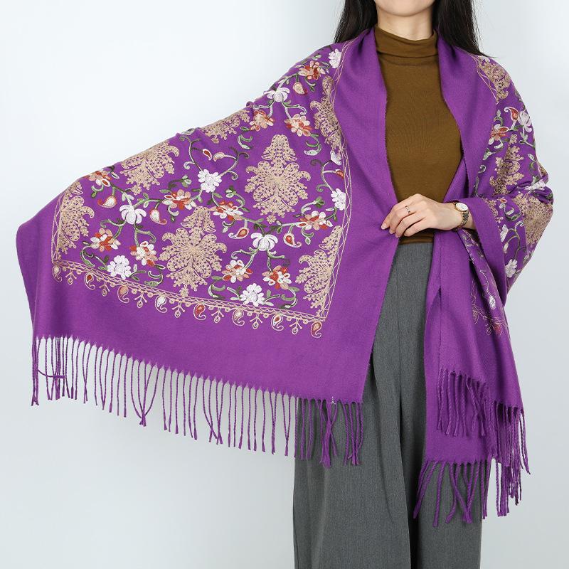 New embroidered women's scarf travel wear with fringed ethnic flowers outside with shawl windproof warm scarf