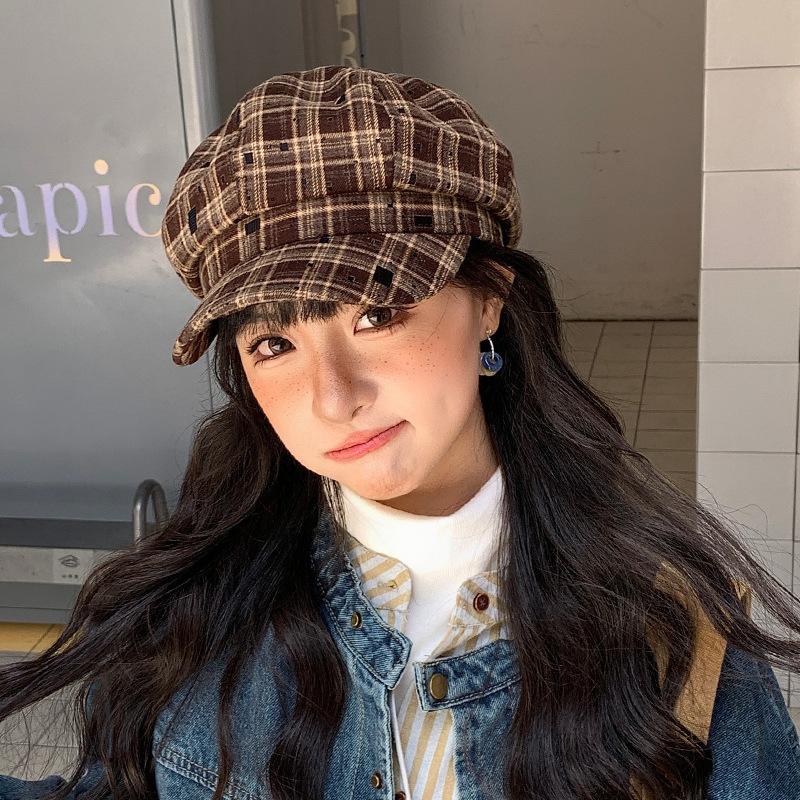 Plaid Octagonal Painter's Hat Women's Autumn and Winter Literary Retro Face Showing Small Cloud Hat Fashionable and Versatile Duck Beret