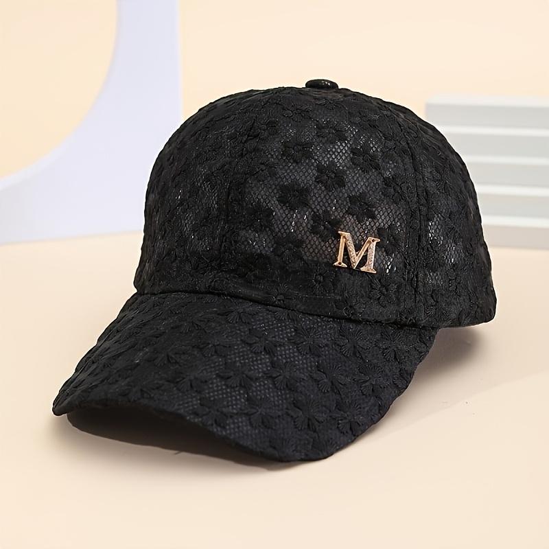 

1pc Elegant Lace Floral Baseball Cap fo Breathable Lightweight Snap Closure Perfect for Urban Style Fashionable White with Golden M Embroidery