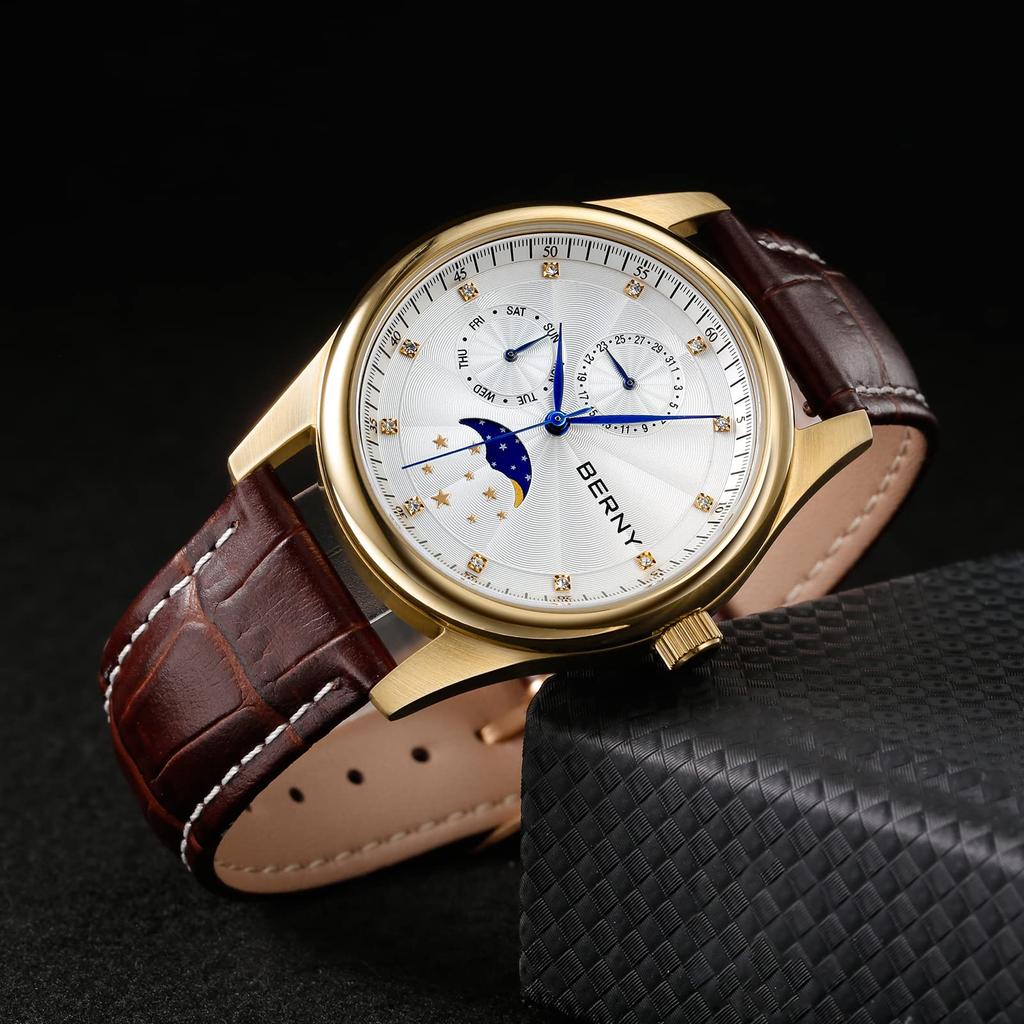 BERNY Men's Multifunction Quartz Watch with Calendar and Moon Phase, Stainless Steel Case and Leather Band, Black.