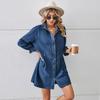 Solid Color Print POLO Neck Loose Wash Long Sleeve Patchwork Denim Dress MIDI for Women
