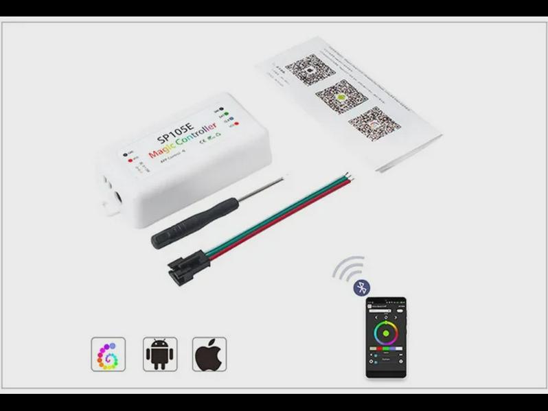 SP105E Bluetooth LED Strip Controller for WS2811/2812B, 5-24V, with Remote & App for Horse Racing Effects.