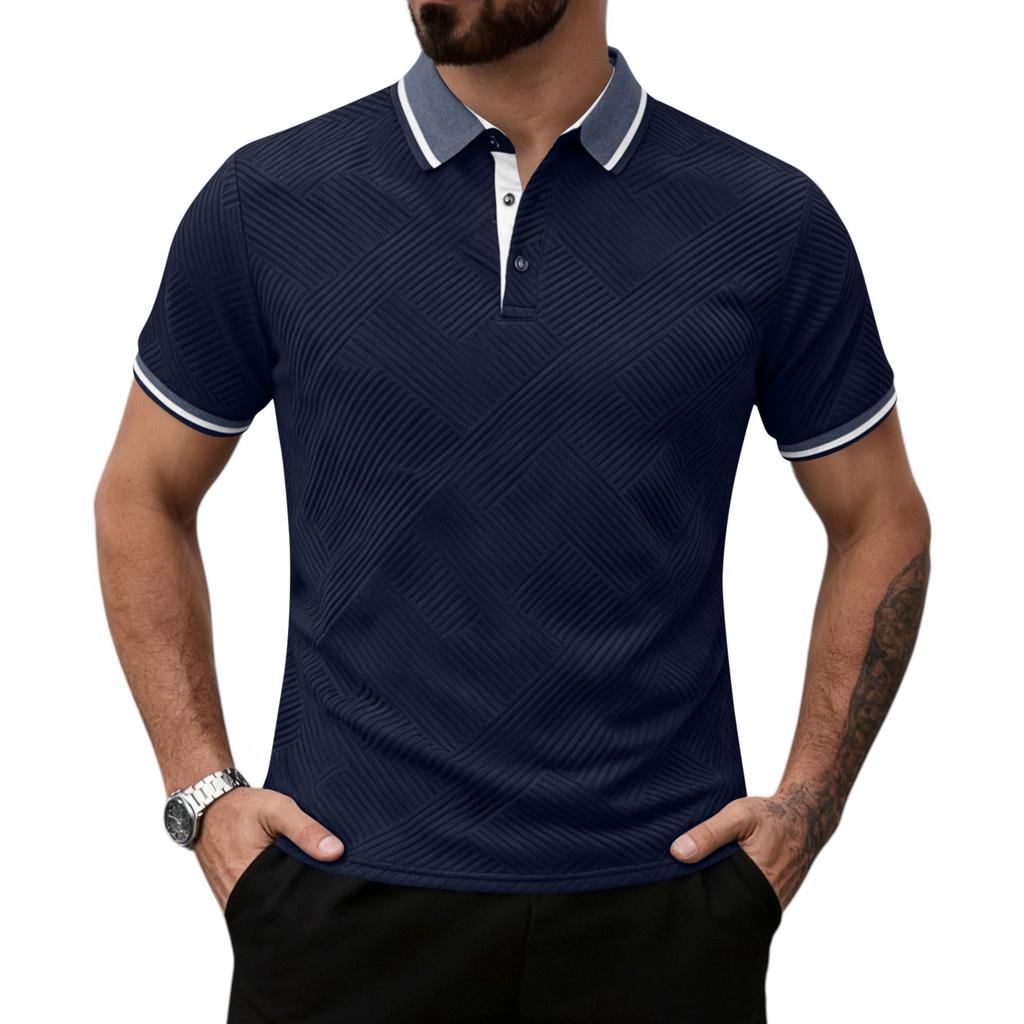 Men Short Sleeve Polo Shirt Classic Fit Pattern Button Down Collar Casual Top for Everyday Wear