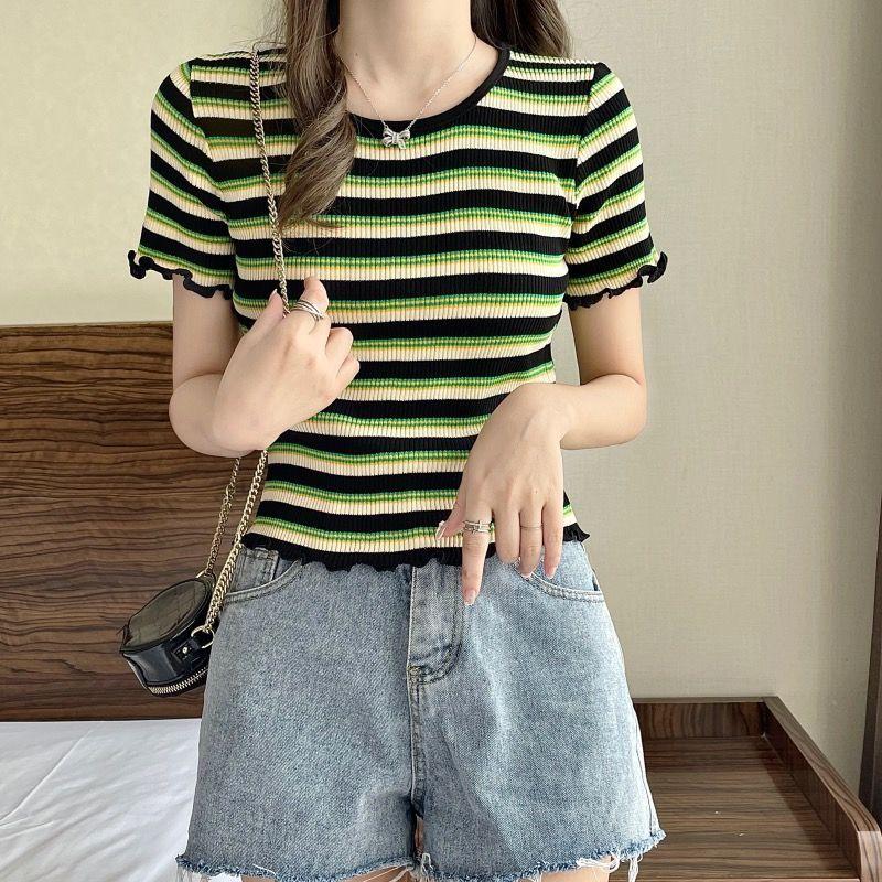 Short Sleeved Striped Knitted Sweater for Women In Summer Round Neck Fungus Edge Versatile Contrasting Color Short Style Slimming Effect on Clothes