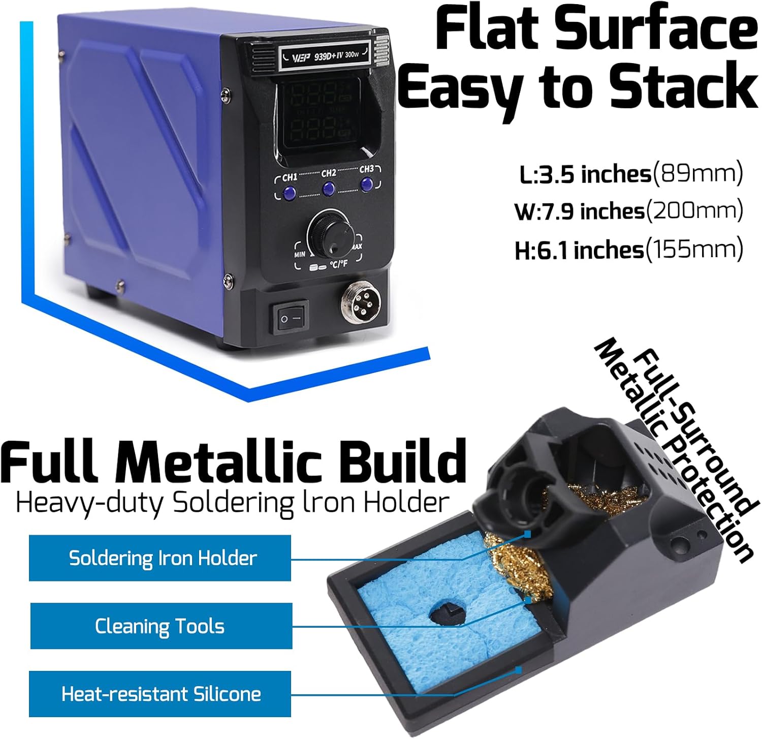 

939D+IV 300W Soldering Station with 3 Tips, Temp Control, Detachable Handpiece United States
