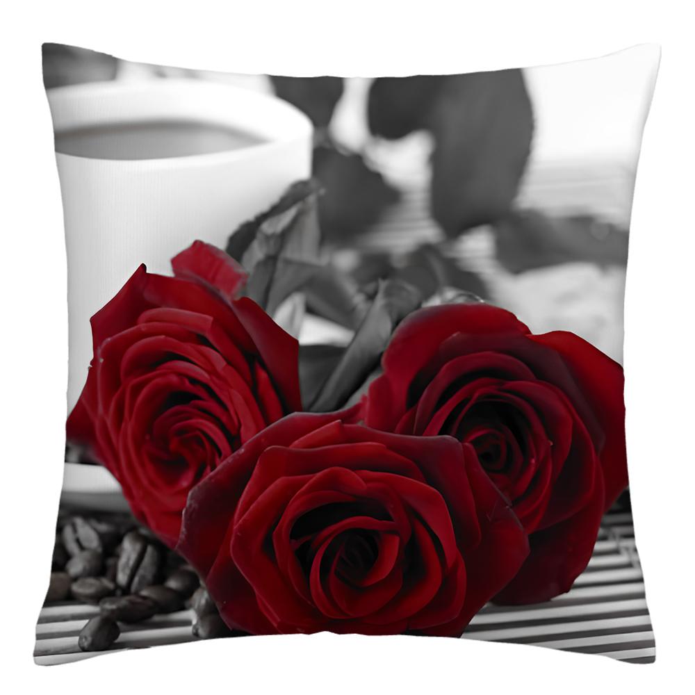 45X45cm Home Improvement Decor Pillowcase Red Rose Flower Print Polyester Sofa Cushion Cover