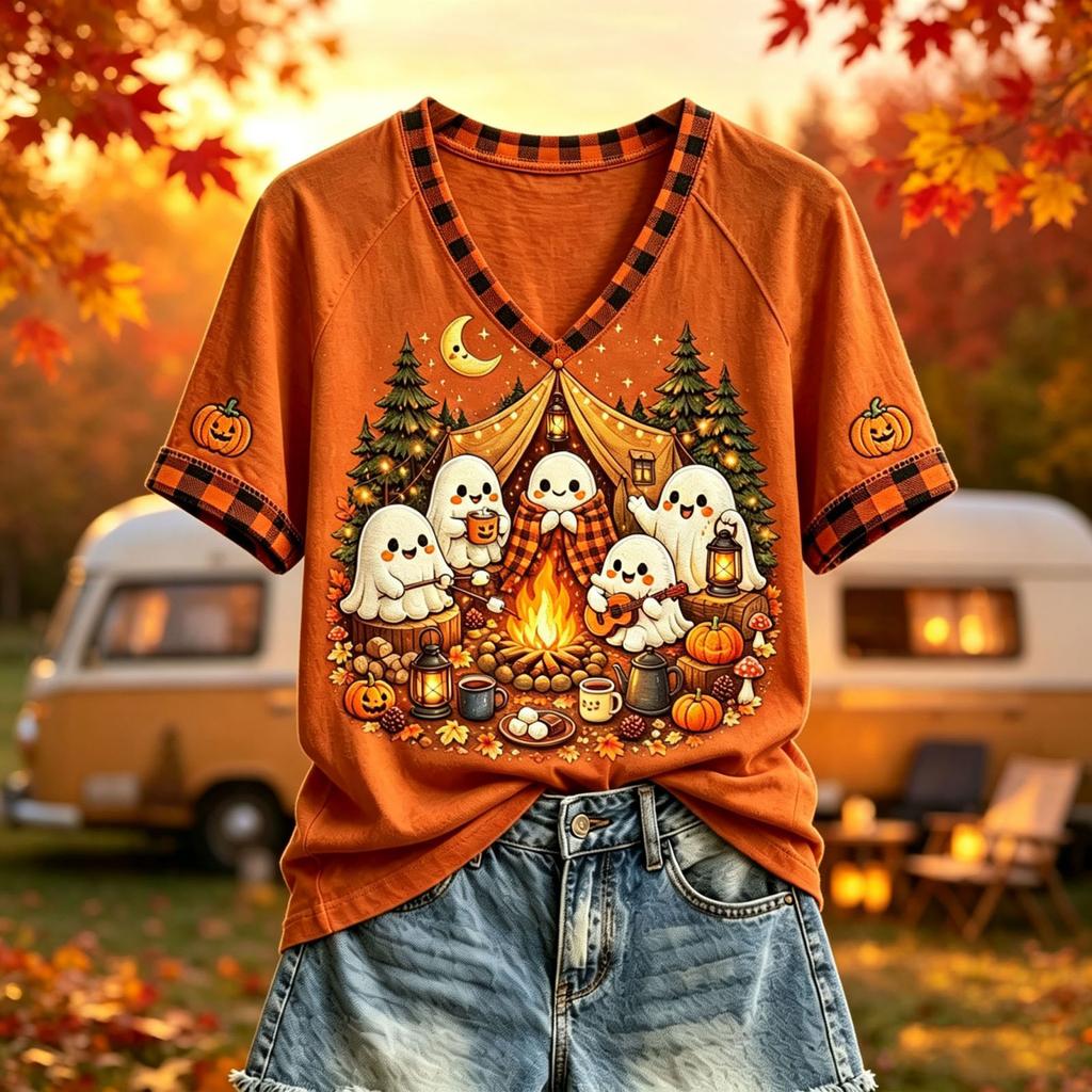 Women's Casual Halloween Print Short Sleeve T-Shirt Top for Fall and Everyday Wear