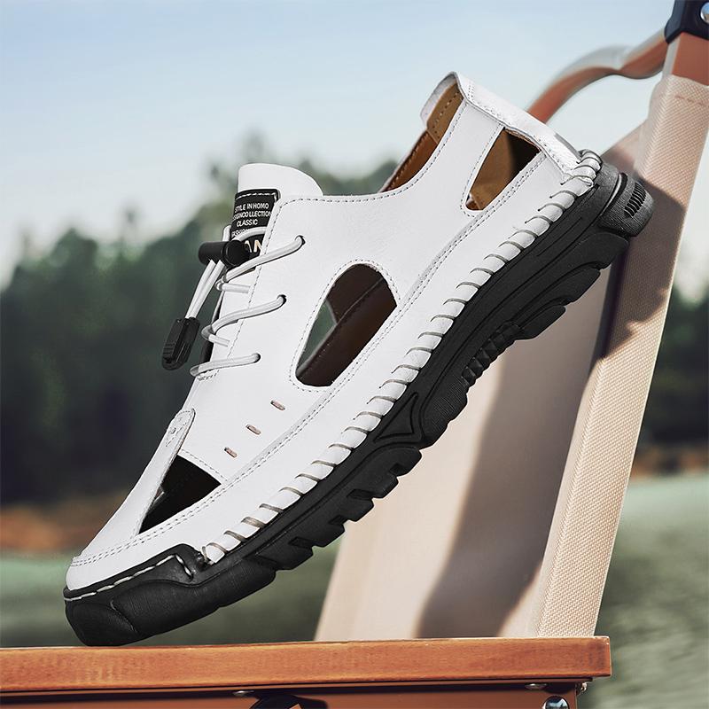 Fashion Summer Outdoor  Comfort Men Sandals Breathable Leisure Beach Vacation Men Hollow Out Shoes Quality Split Leather The Men Sandals