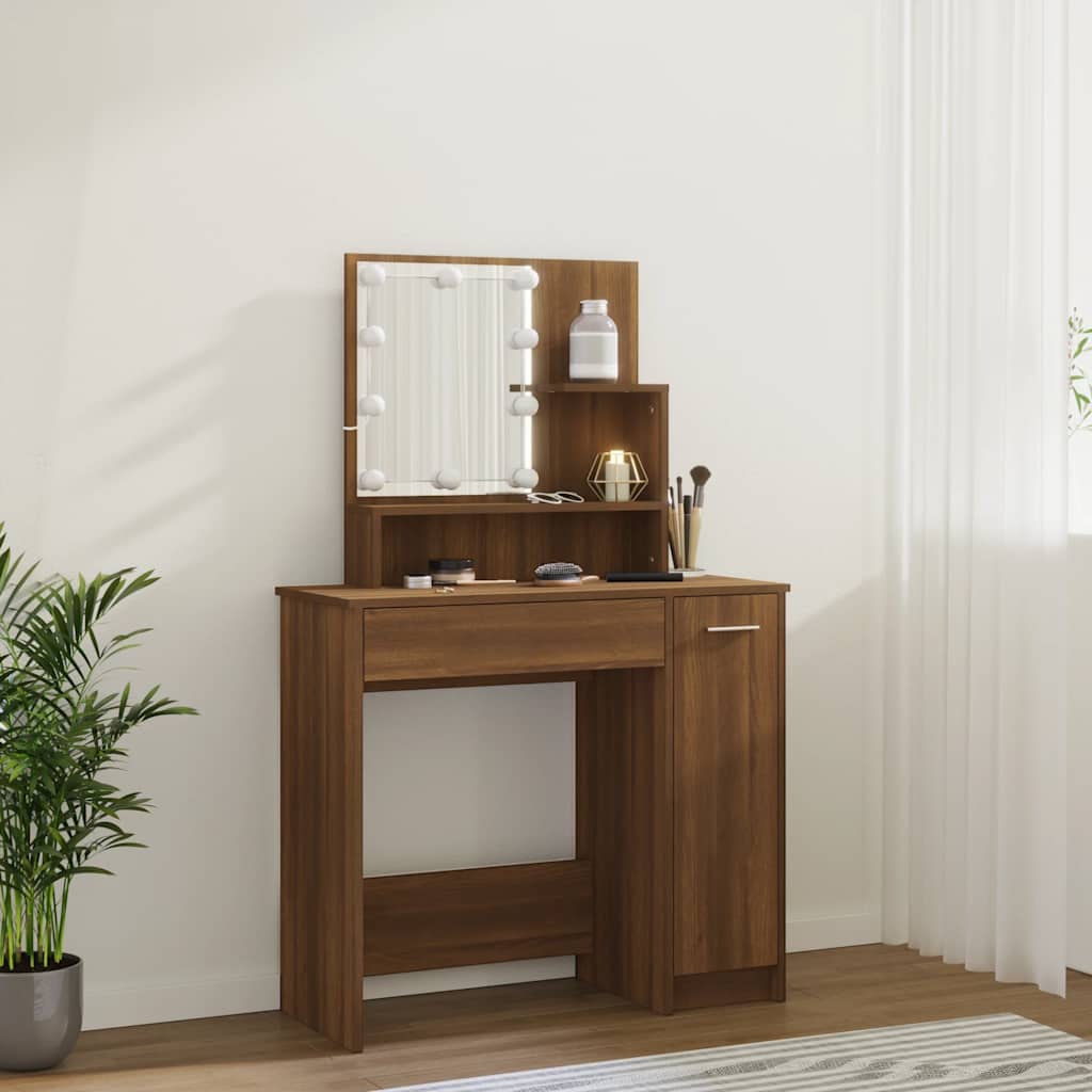 Makeup Table with LED Lights Brown Oak Effect 86.5 x 35 x 136 cm