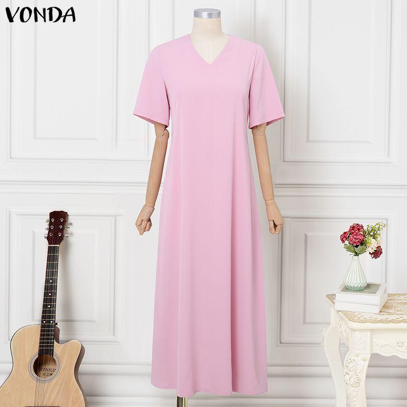 VONDA Summer Women Short Sleeve V Neck Solid Bandage Casual Long Maix Dress