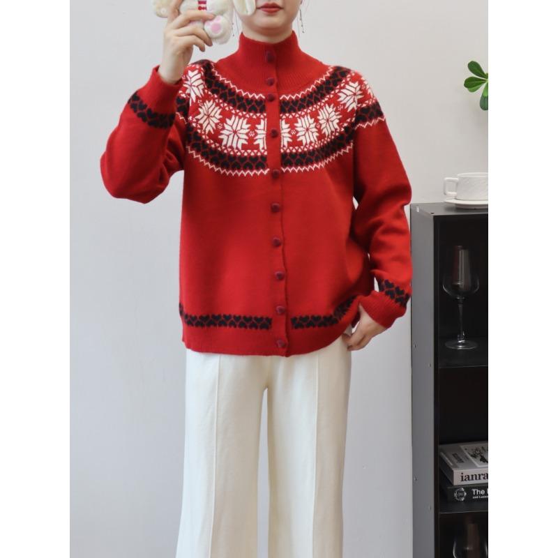 

Fair Island jacquard semi-turtleneck sweater jacket women s autumn and winter new loose contrasting color design sweater jacket one size fits all красный