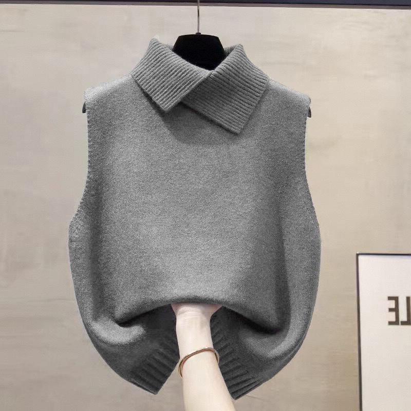 Otoño Invierno Coreano Color Sólido Solapa Sin Mangas Versátil Casual Chaleco Tejido Para Mujer