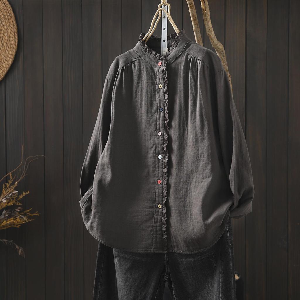 2026 Spring Lace Button Women's Double Layer Cotton Gauze White Shirt - Versatile & Age-Reducing
