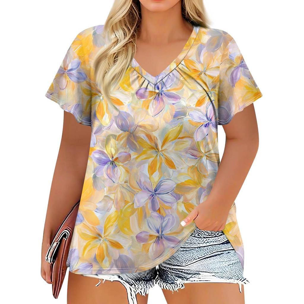 Women's Fashion Casual Printed  V-Neck Short Sleeve Large Size T-Shirt Top