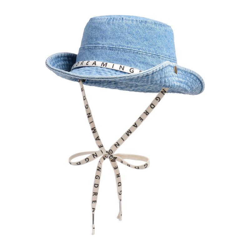 Summer Fashion Letter Strap Wide Brim Denim Fisherman Hat With Sun Protection For Women