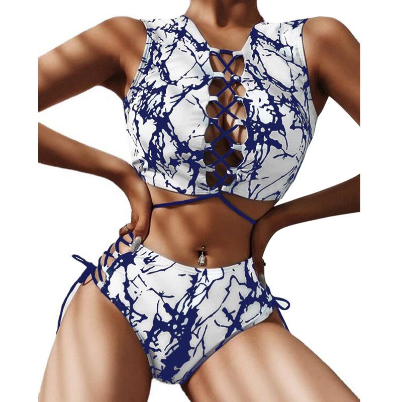 

2024 новый сплит-тай-дай с переплетом черно-белый сексуальный купальник бикини для женщин L синий